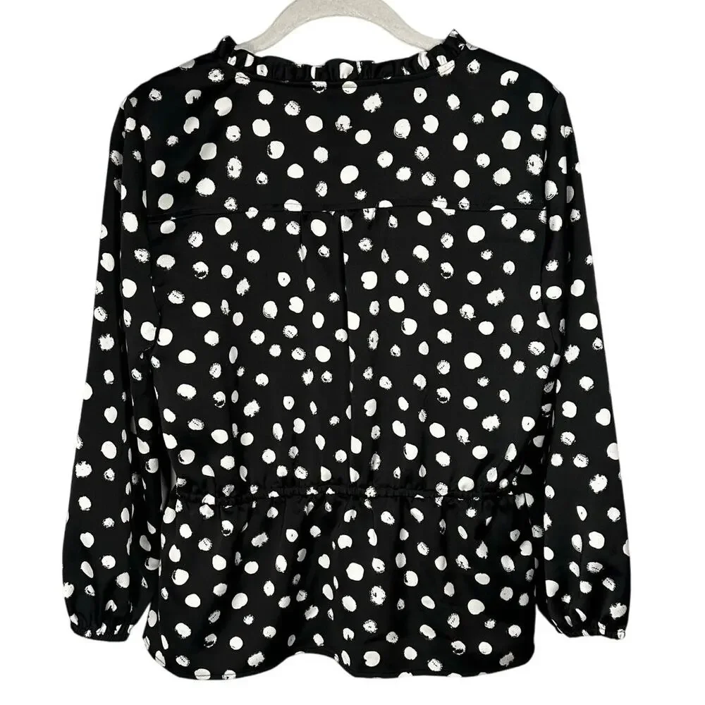 NWT J. Crew Black & White Polka Dot Satin Peplum Blouse Women's 4